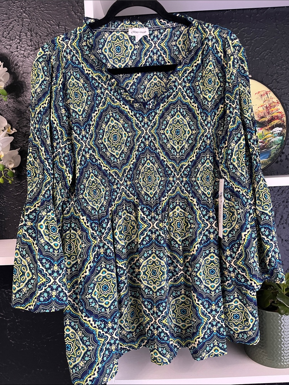 Patterned Blue & Green Long-Sleeve V-Neck Top